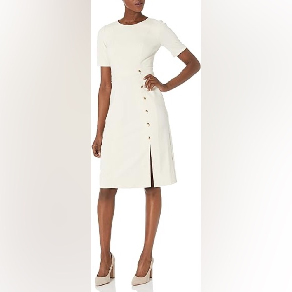 Maggy London Women's Jewel Neck Midi with Button Detail Dress